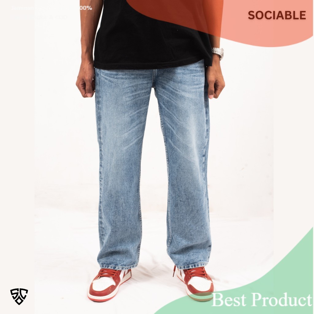 SOCIABLE Denim Selvedge Reguler Loose Pants Washed Jeans/ bigsize BIgsize super jumbo