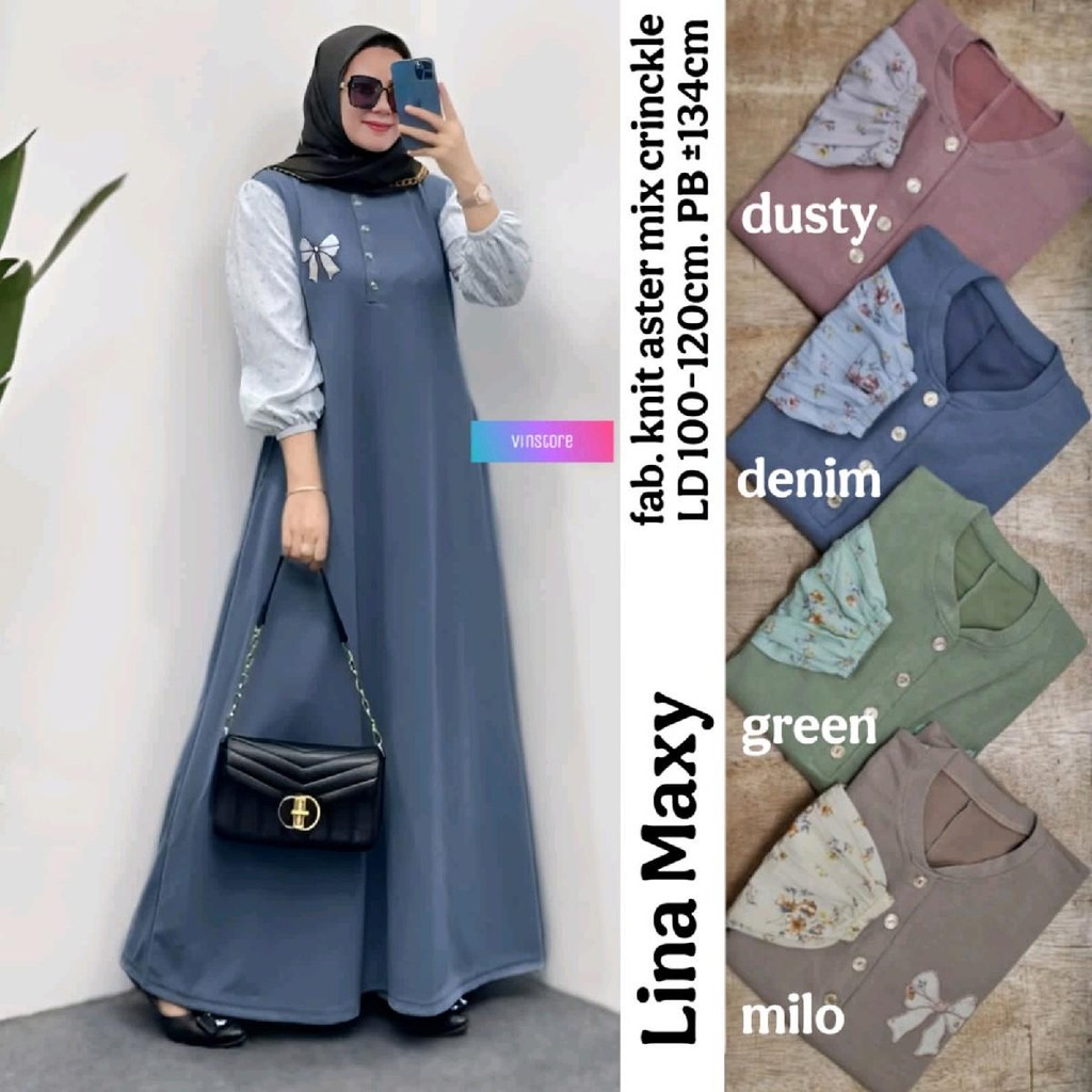 Lina Maxy Dress Gamis Polos Kombinasi Motif Bunga Tebal Stretch