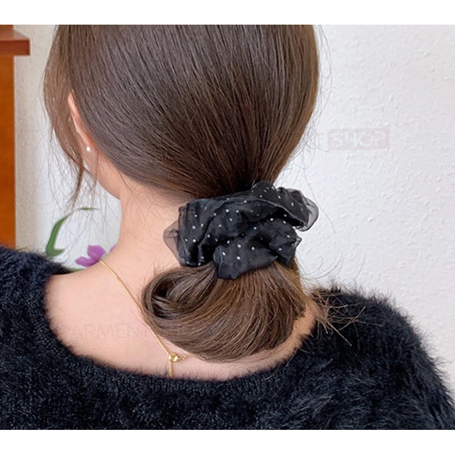 Srunchie Kain Tile Gaya Wanita Korea Motif Polos Polkadot Ikat Rambut Fashion Vintage Karet Anti Mel
