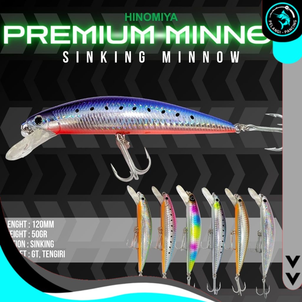 Umpan HINOMIYA Premium Minnow Sinking 12cm 50gr Mancing Ikan Tengiri GT - Pelangi pancing