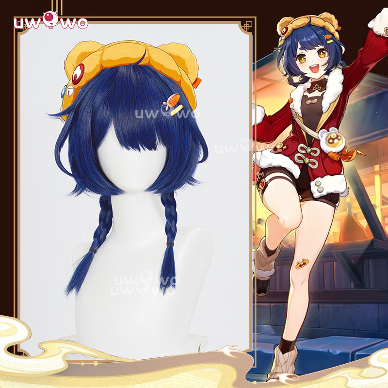 UWOWO Xiangling Wig Game Genshin Impact Xiangling New Year's Cheer outfit Cosplay Wig Middle Blue Ha