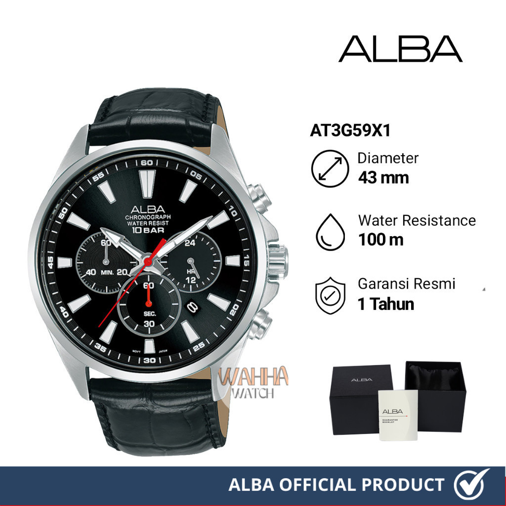 Jam Tangan Pria Alba Active AT3G59X1 Black Dial Black Leather Strap