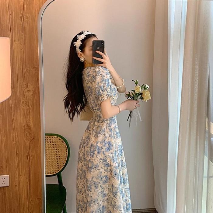 MUMPUNG PROMOMaxi Long Dress Biru Baju Terusan Wanita Lengan Pendek Puff Baju Pantai Liburan - STERL