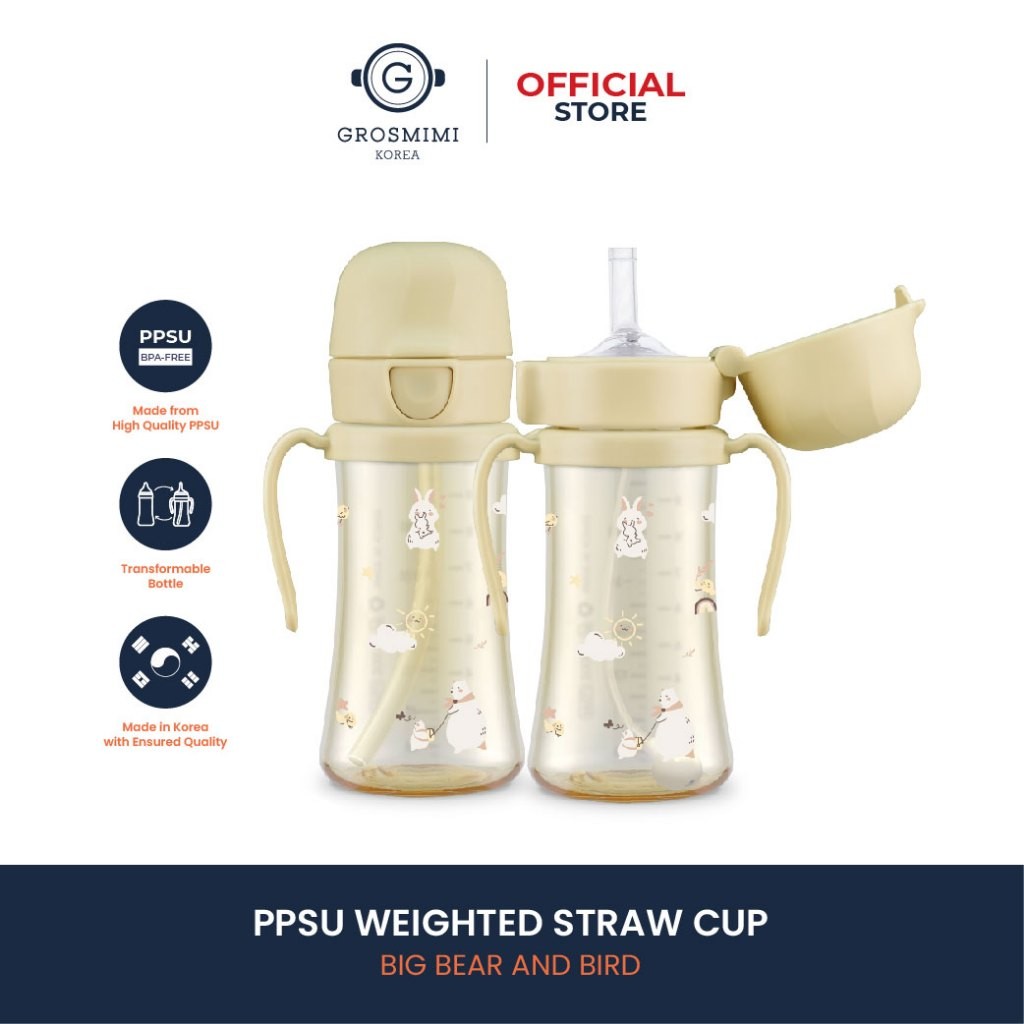 Grosmimi Ppsu Big Bear And Bird Weighted Straw Cup 300Ml With One Touch Cap / Botol Minum Bayi Dan Anak Dengan Sedotan Dan Tutup Yang Mudah Ditekan