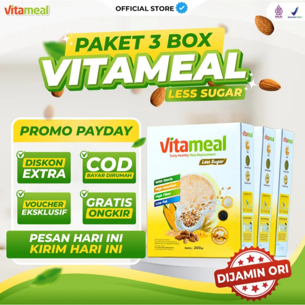 

NEW VITAMEAL LESS SUGAR PAKET 3 BOX Sereal Sehat Rendah Gula & Kalori | Multigrain Kaya Serat Bantu Turunkan Gula Darah, Kolesterol, Hipertensi | Aman untuk Diet Diabetes, Jantung & Pengganti Nasi Harian PREMIUM