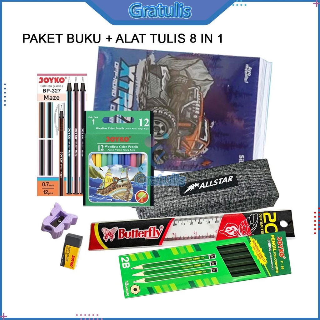 

PAKET BUKU TULIS SIDU 38 LEMBAR ALAT TULIS [1 SET/8 IN 1] / PERLENGKAPAN SEKOLAH / STATIONERY / BUKU PENSIL BOPLEN PENGGARIS 20 CM PENSIL WARNA PENGHAPUS / BUKU KWARTO A5 ISI 10 BUKU / 1 PAK PULPEN HITAM / TEMPAT PENSIL / SERUTAN