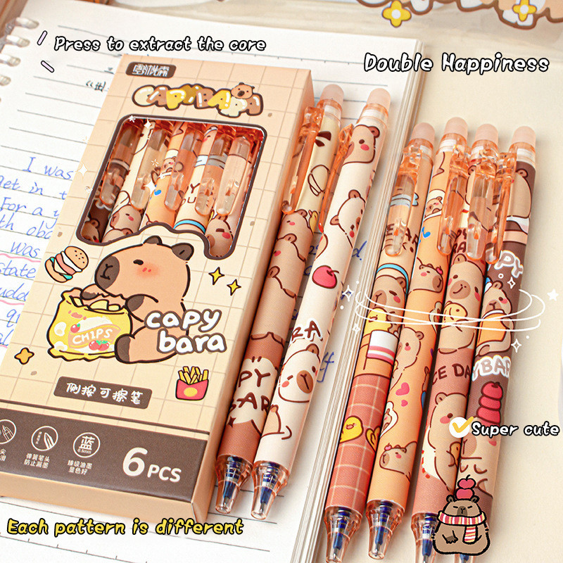 

6Pcs Cute Capybara Gel Pens Kawaii Pen Set Quickly-Drying Blue Erasable Pens Office School Supplies Kawaii Aesthetic Stationery