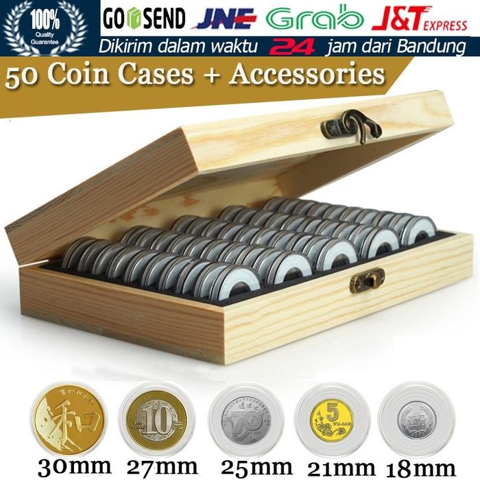 Kotak Holder Koin Model Kapsul dengan Busa Kotak koleksi koin kayu - 50PCS/Set