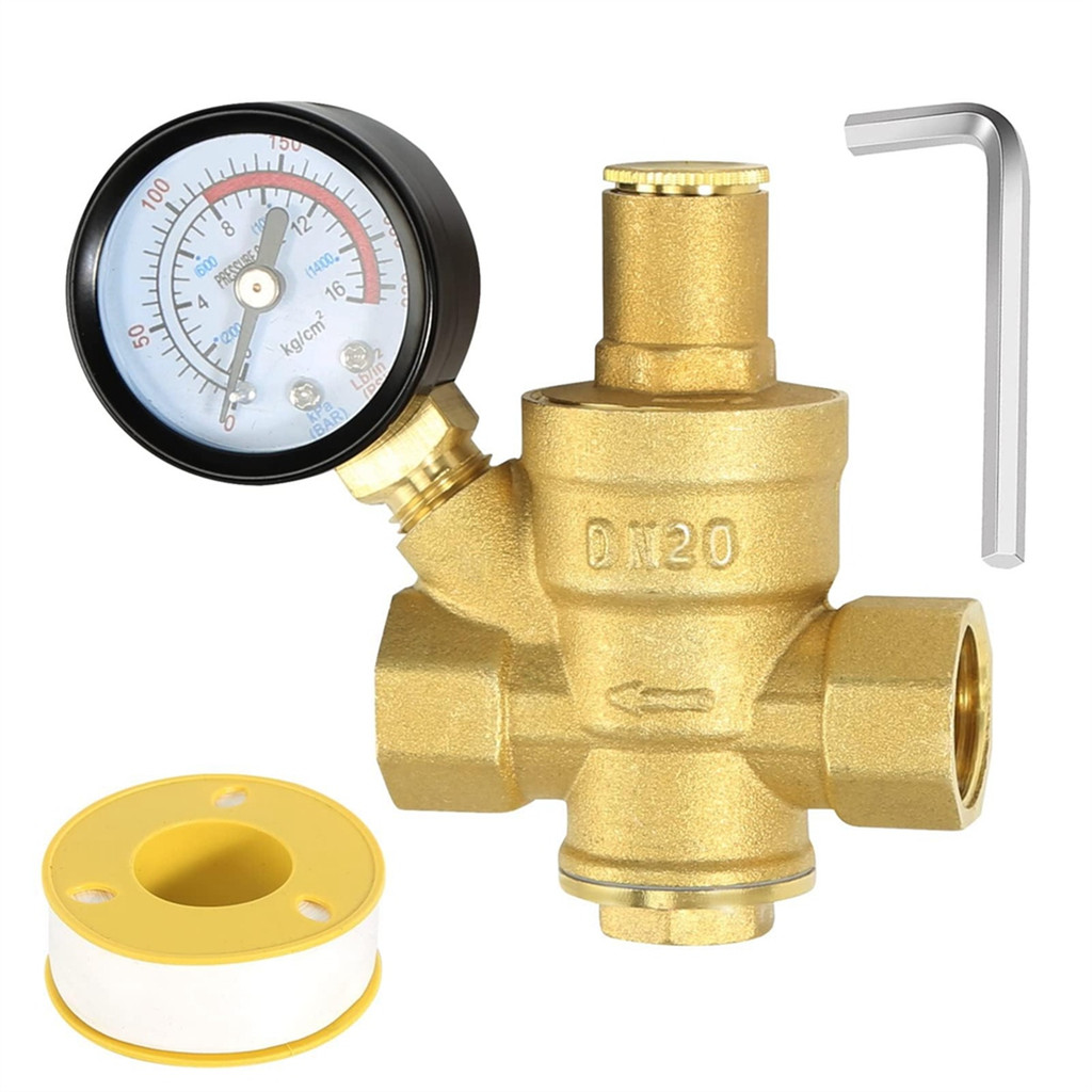 Water Pressure Regulator 3/4In with Gauge, Adjustable Water Pressure Reducing Valve for Water Pressu