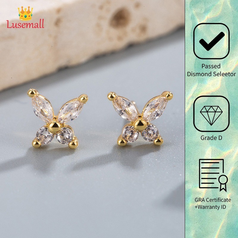 Lusemall 18K Kupu-kupu Indah Flash Berlian Anting-anting Pejantan Berlapis Emas Kecil S925 Jarum Tre