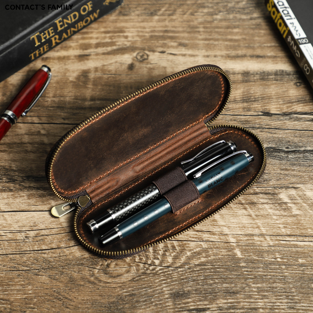 

Luxury Leather Pencil Case Zipper Retro Fountain Pen Pouch Bag For Ofiice School Students Boys Girls Cowhide Men Pen Holder