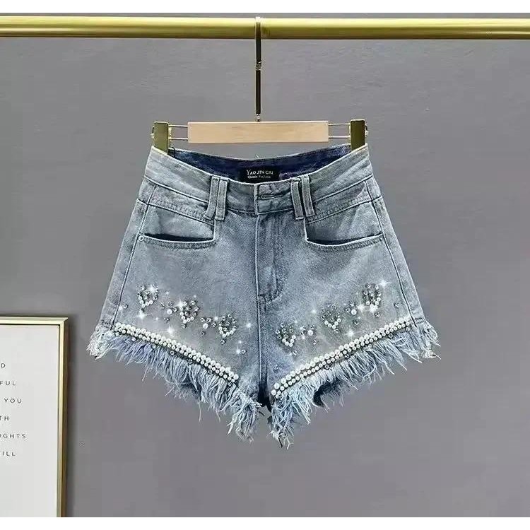 Fashion Diamond Hole Denim Shorts Summer New Women's Sexy High Waist Jeans Booty Shorts