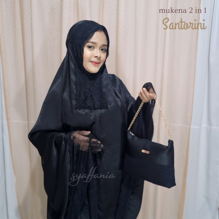 Mukena Dewasa Luxury Premium 2 in 1 Santorini Shimer Silk Renda Mewah Elegan - Hitam /New Update 202