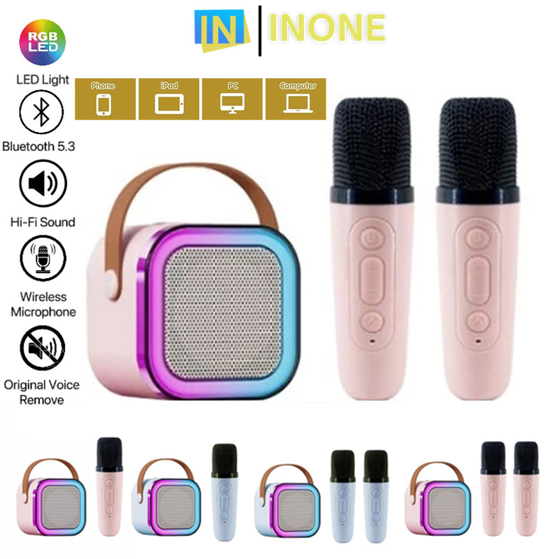 INONE - Mini Bluetooth Speaker Karaoke 2Mic 1 Set Portable Wireless RGB Lampu Karaoke Speaker Dengan