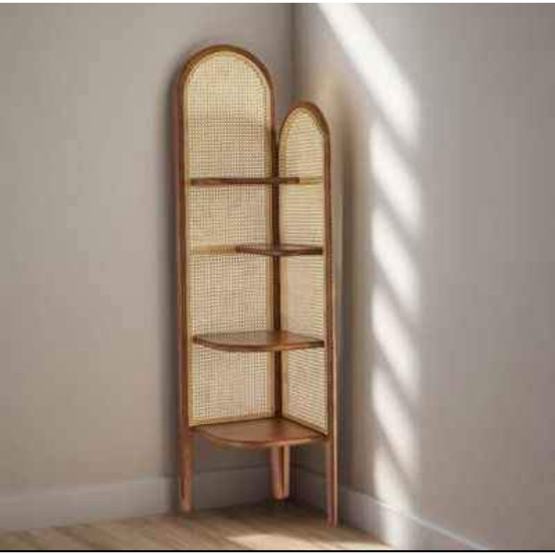 Rak Buku Rotan Kayu Jati Rak Pojok buku retro kayu jati