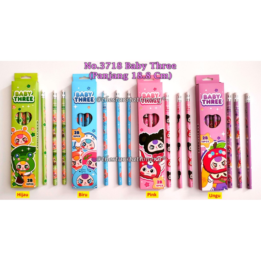 

(1 Pak Isi 12 Pcs) Pensil Baby Three 2B NO.3718 Round / Pensil GXIMP 3704 2B Baby Three (1 Pack/12)