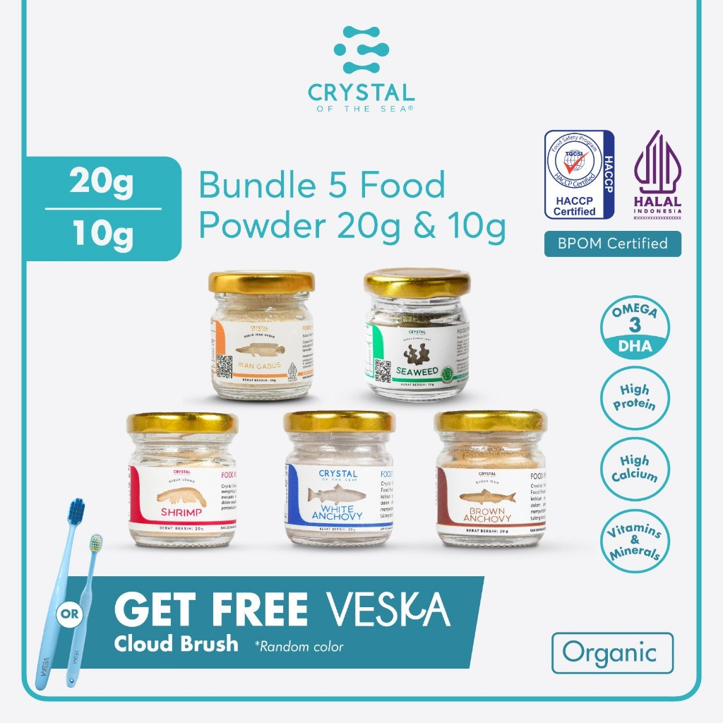 

Crystal of the Sea | Bundle 5 Food Powder (20GR & 10GR) | Bubuk Ikan Teri Nasi | Bubuk Udang Rebon | Bubuk Teri Jengki | Bubuk Rumput Laut/Umami | Bubuk Ikan Gabus / Penyedap Kaldu MPASI NON MSG PAKET HEMAT