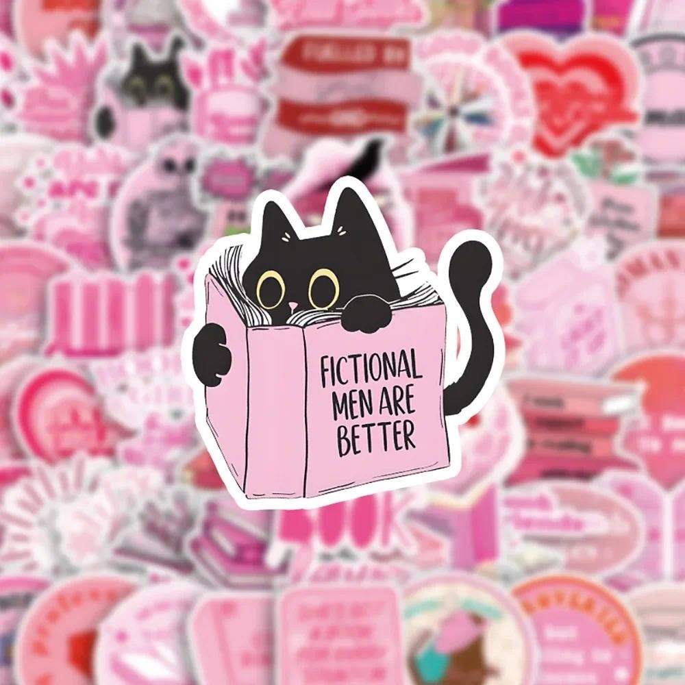 

10/60Pcs Funny Cartoon Pink Bookish Reading Book Stickers for Laptop Water Bottle Luggage Phone Waterproof Graffiti Vinyl Decals