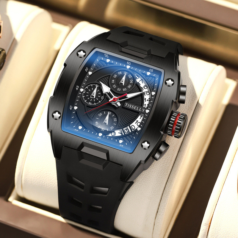 

Jam Tangan Pria Merek Swiss Jam Tangan Kuarsa Bentuk Barel Tahan Air Tali Silikon Bercahaya