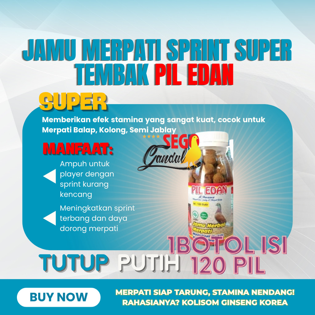 Jamu Merpati Balap Sprint Super Tembak Pil Edan Tutup Putih 1 botol isi 120 pil