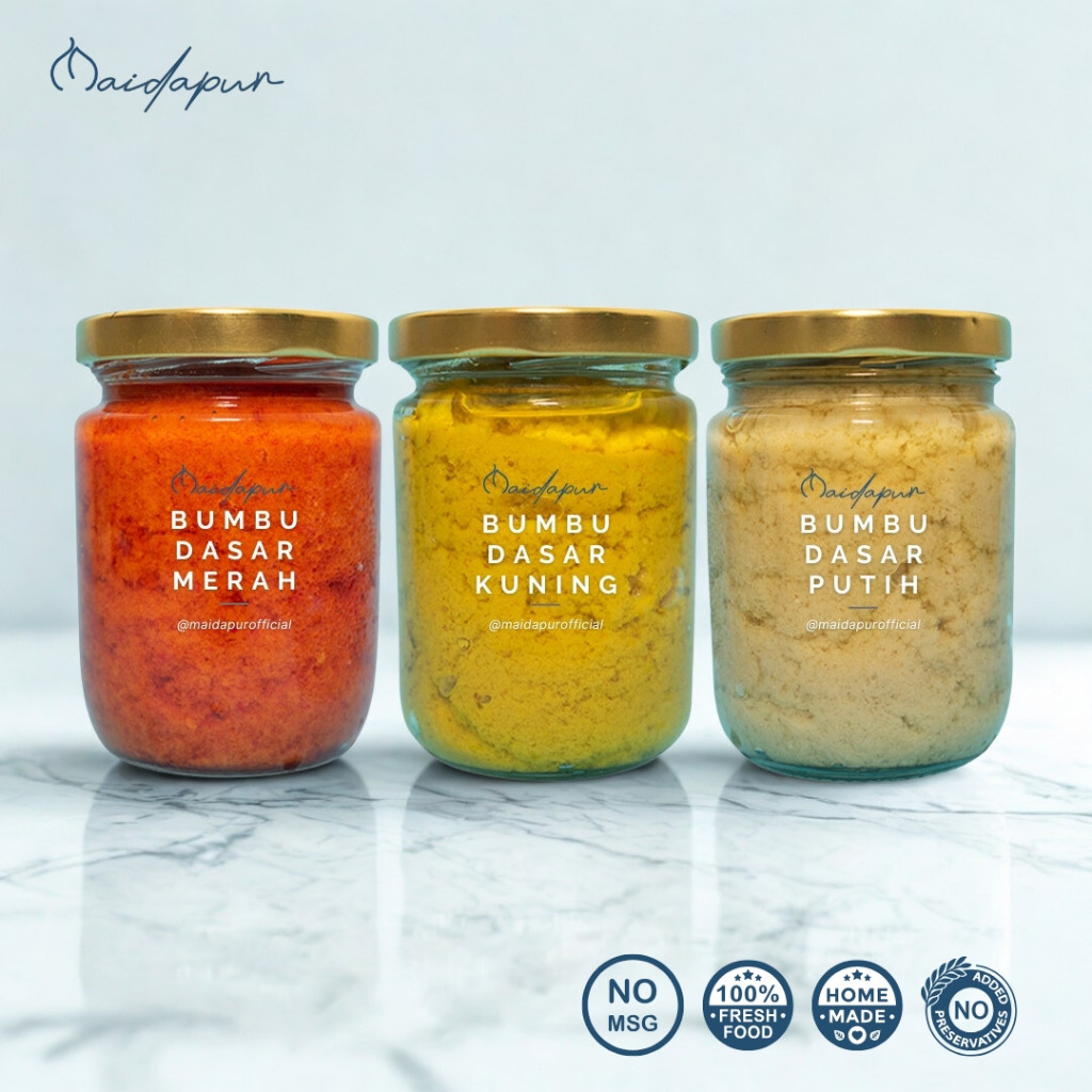 

Maidapur Paket Hemat Bumbu Dasar Merah, Putih, Kuning 250g – Bumbu Instan Siap Pakai Dalam Jar Kaca