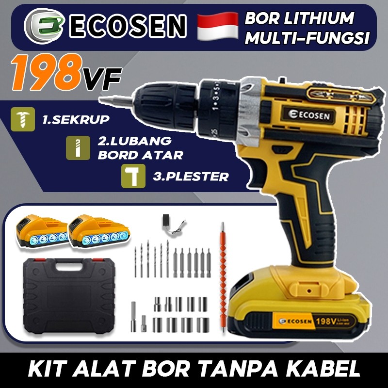 WOW ECOSEN Bor Tanpa Kabel 198V Mesin Bor Mesin Bor Listrik Mesin Bor Baterai Set Bor Listrik Mesin 