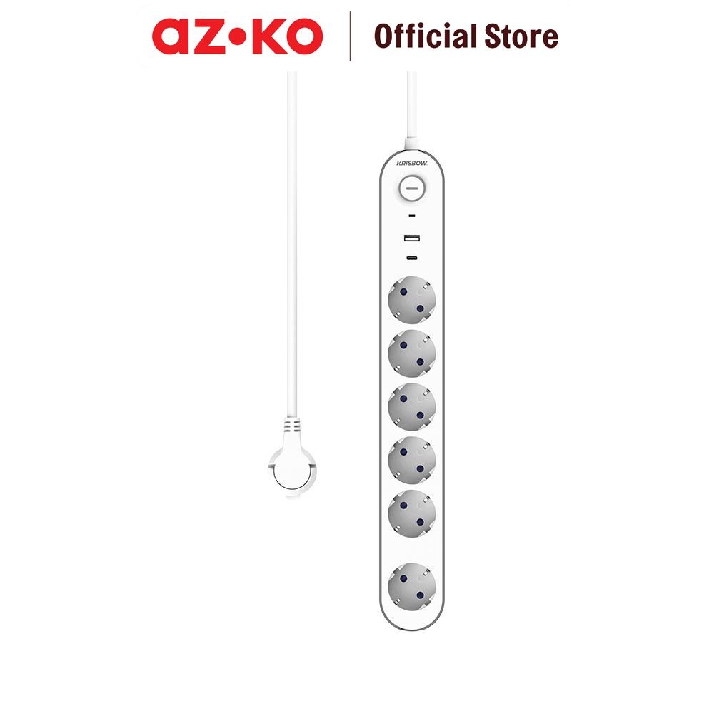 AZKO Krisbow Stop Kontak 6 Soket Dengan Port Usb A & Type C - Putih Electric Socket Terminal Colokan