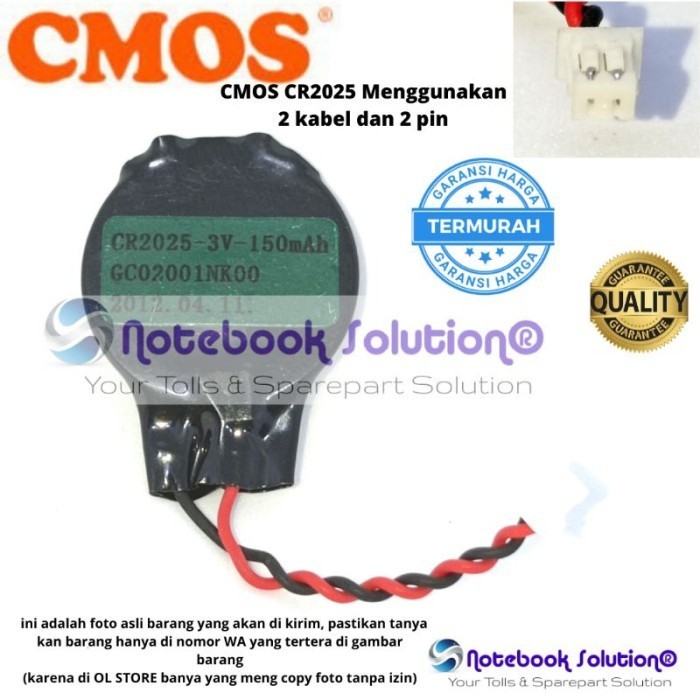 Baterai BIOS Laptop Notebook Netbook CMOS CR2025 kabel 2 pin 3V CR2016 .