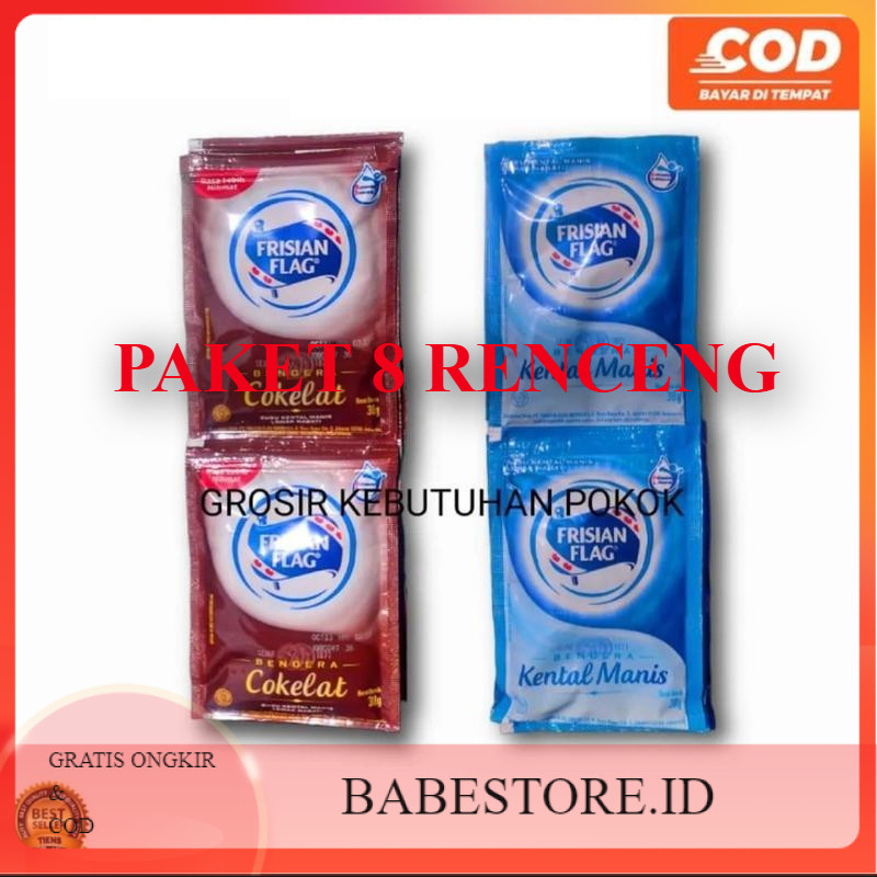 

Paket ( 8 Renceng ) Frisian Flag Susu Kental Manis bendera 38g / 1 renceng isi 6 sachet putih / coklat