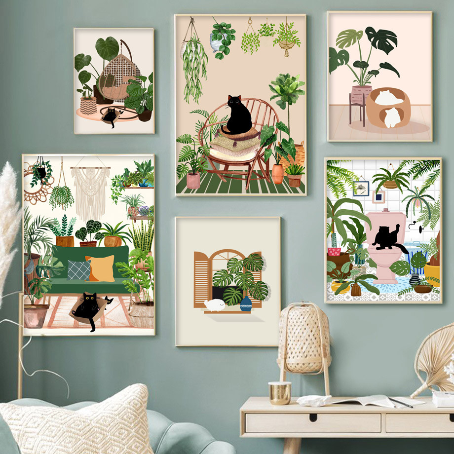 

Abstract Green Plants Black Cat Wall Art Canvas Painting Aesthetics Posters And Prints Wall Pictures For Boho Living Room Decor