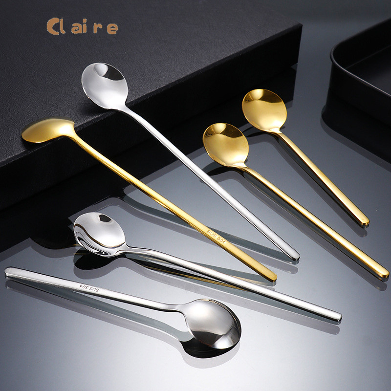 Sendok Stainless Steel Sendok Kopi Gagang Panjang Sendok Bulat Kecil Emas Sendok Nasi Rumah Tangga