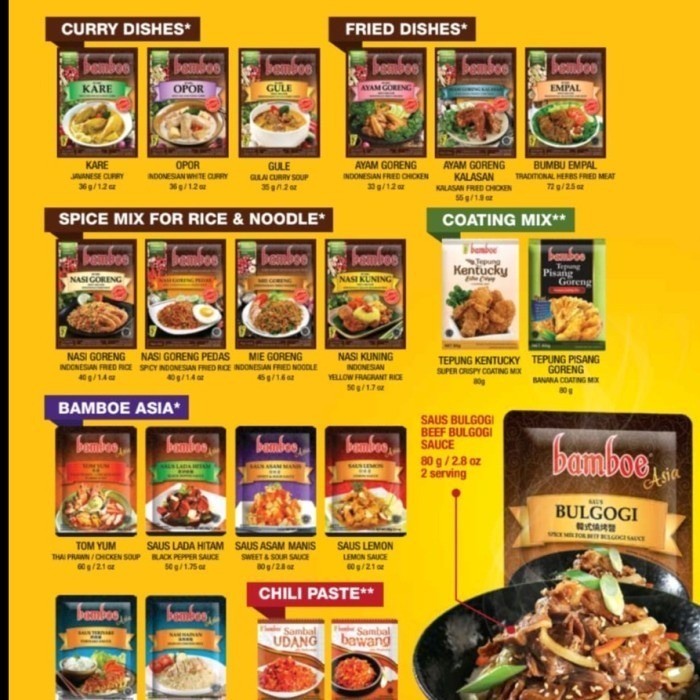 

Bumbu Instant Bamboe Halal – Untuk berbagai masakan Nusantara.