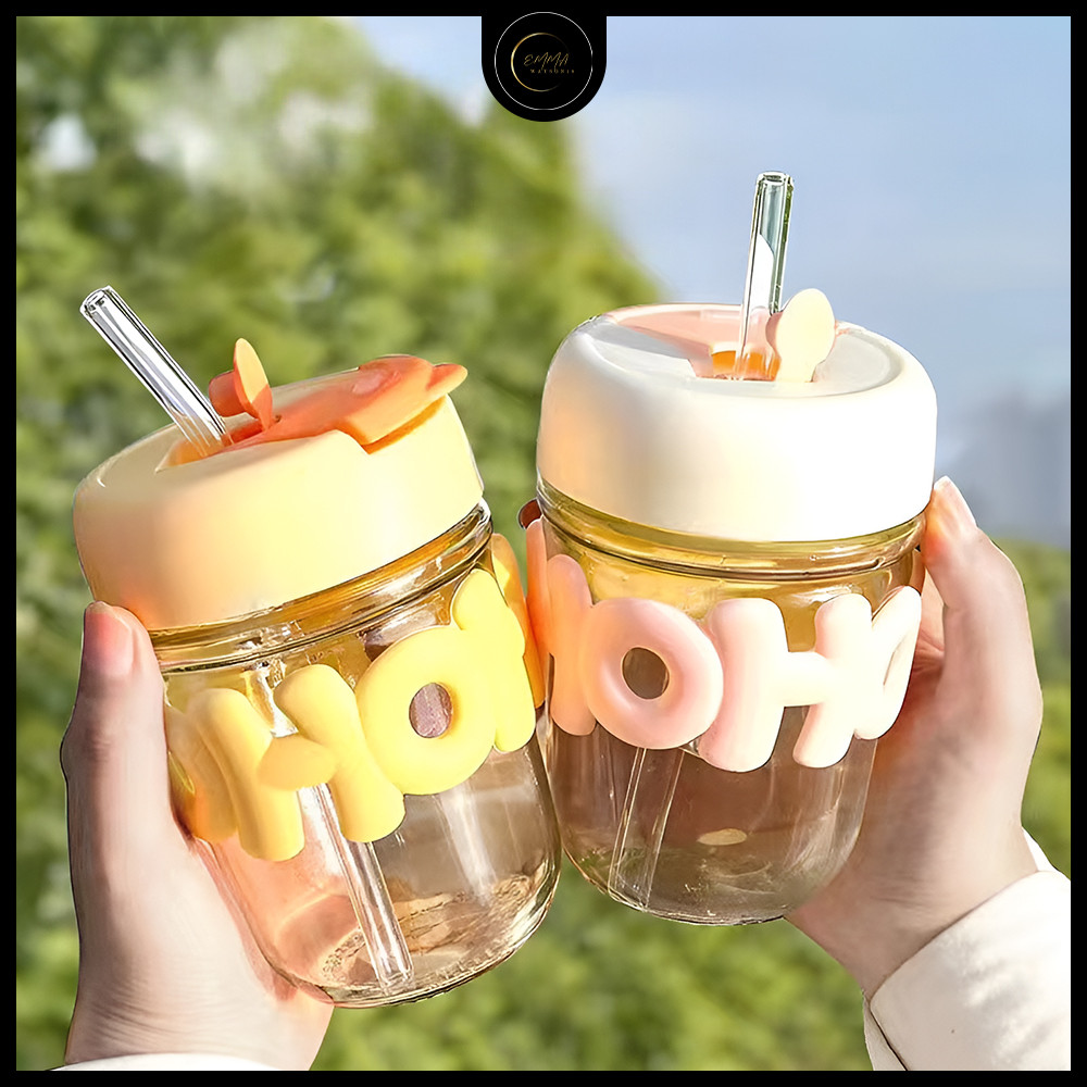 EM Tumbler Gelas Botol Minum Kaca Aesthetic Tumbler Minum Sedotan lucu