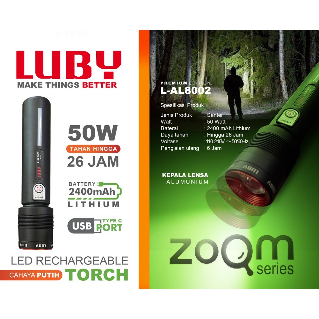NR SENTER LED ZOOM LUBY L-AL8002 50WATT TAHAN HINGGA 26JAM - CAHAYA TERANG - WATERPROOF