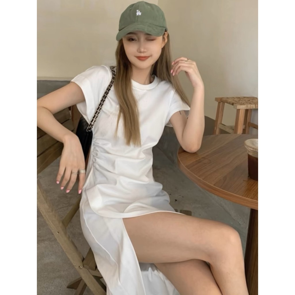 Meirong baju dress putih press body pantai panjang elegant party dress kondangan wanita korean style