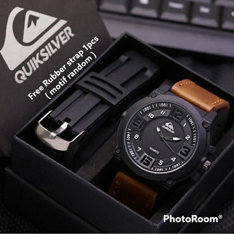 (GW Bren) Jam Tangan Pria Quiksilver – Tanggal Aktif, Strap Kulit & Bonus Tali Karet