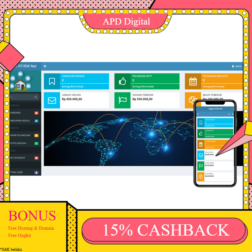 Resmi pembuat Versi 3 Aplikasi tagihan wifi RT RW  net Suport link tagih lewat WA dan map APD DIGITA