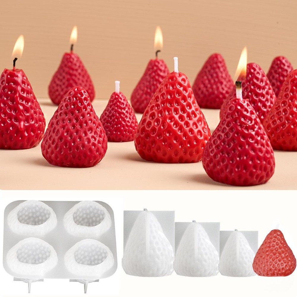 

Multi Size Strawberry Candle Silicone Moulds 4 holes Relief Fruit Resin Molds Geometry Taper Gypsum Scented Decor Birthday Gifts