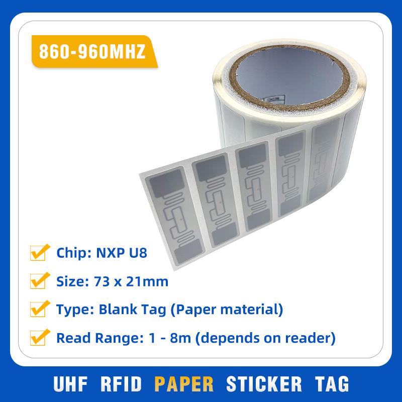 

RFID UHF Sticker Tag 73*21mm Self-Adhesive Inlay Coated Paper Passive ISO18000-6C NXP U8/U9 Chip Long Distance Label Sticker