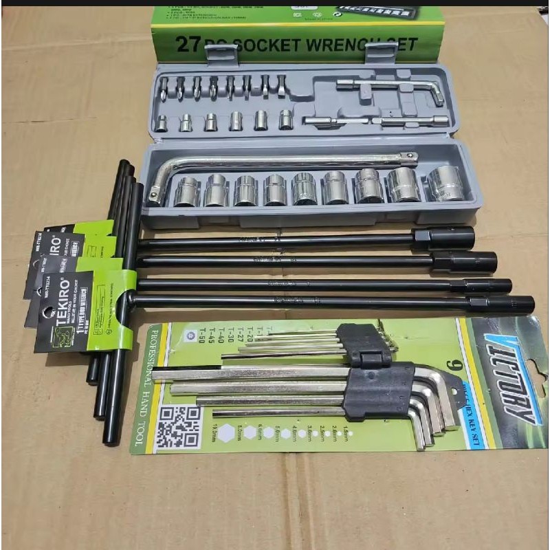 JAMIN MURAH PAKET 3 SET  Kunci Pas / Shock / Sok 27 Pcs + Kunci T TEKIRO 8-10-12-14 mm + Kunci L Set