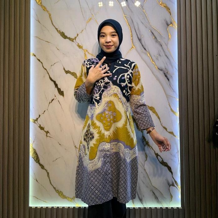 Tunik Batik wanita Motif Kencana ungu Bahan katun halus premium By Batikrama Kain Muslim - S