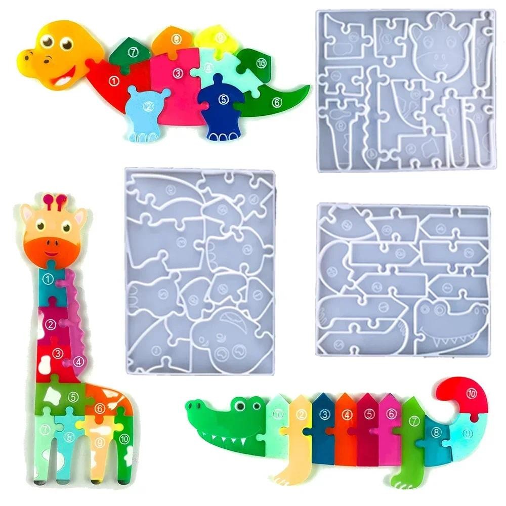 

DIY Animal Puzzle Shaped Silicone Mold Dinosaur Crocodile Giraffe Puzzles Epoxy Resin Mold for Kids Educational Jigsaw Game Toy