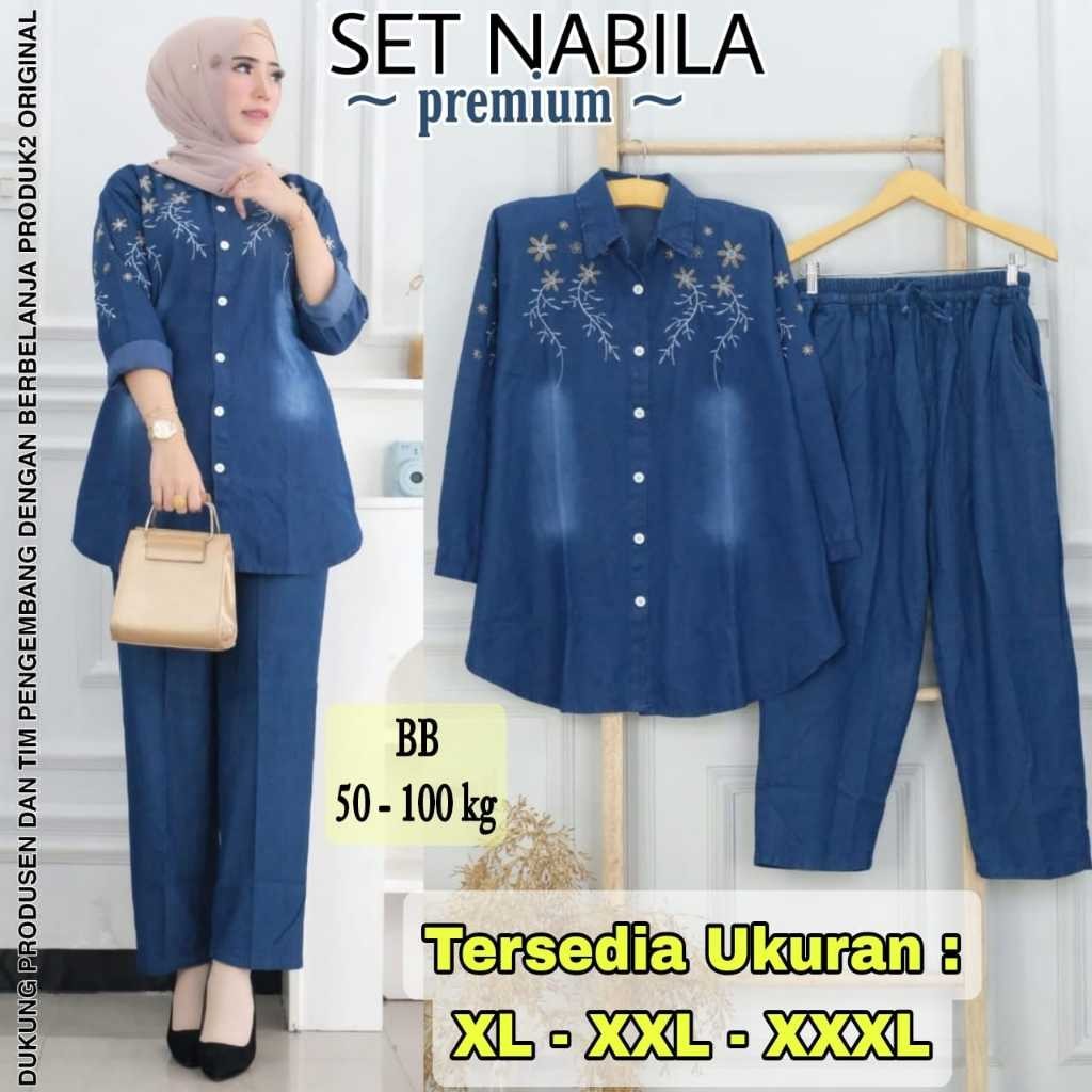 [BB 50 - 100 Kg] Setelan Wanita Jeans NABILA SET One Set Jeans Wash Premium Bordir Pakaian Dewasa