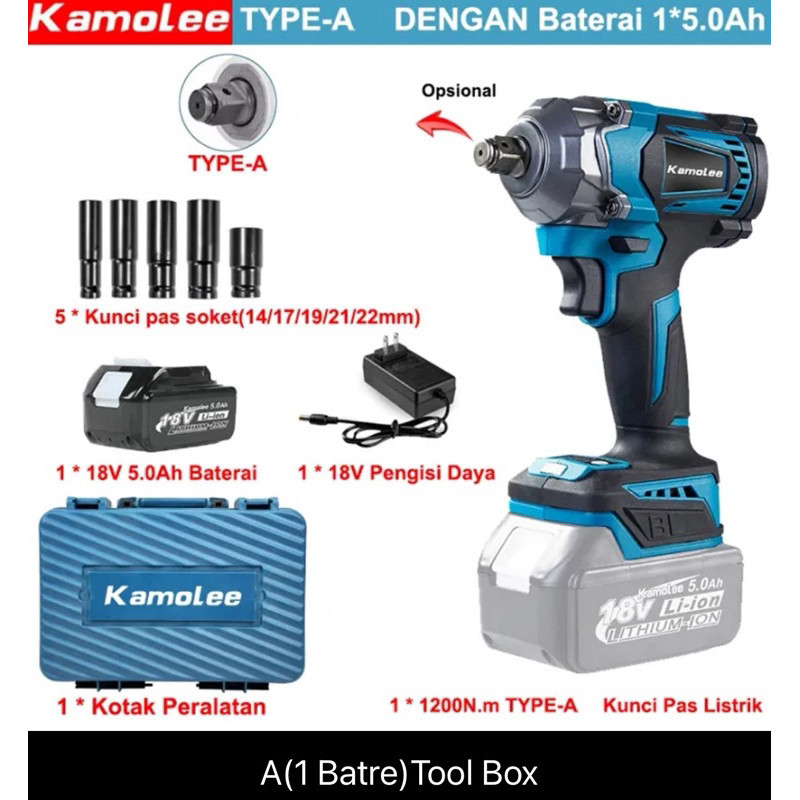 Kamolee 1200Nm Brushless Impact Wrench 1 BATRE DTW500 Kunci Pas Listrik