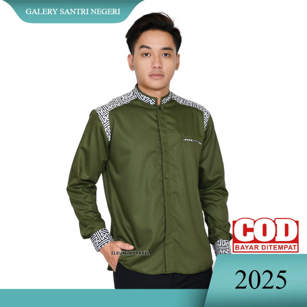 Baju Koko Pria Lengan Panjang Warna Hijau Olive Kombinasi Batik Motif Araseo