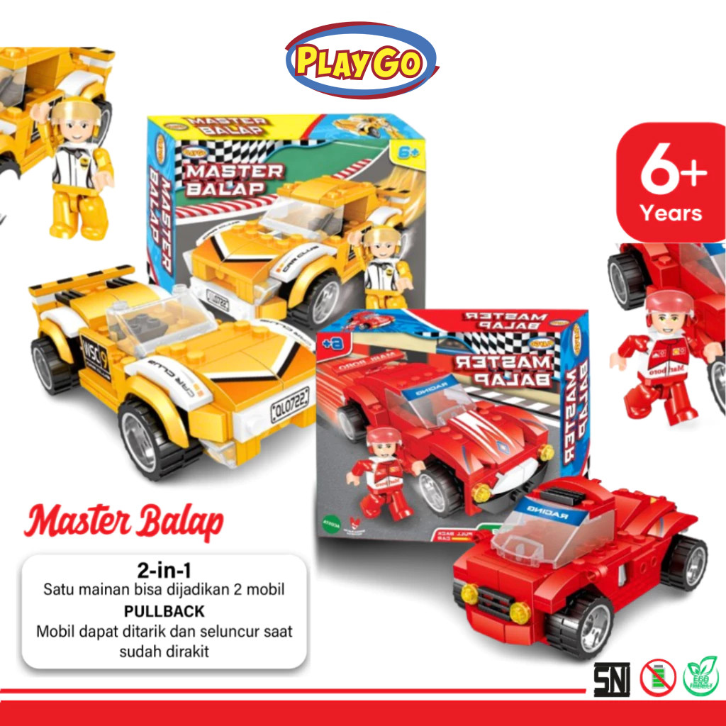 Playgo Master Balap Mobil Mainan Pullback Car Toys Blocks Bricks Mainan Rakitan Bongkar Pasang Lego 