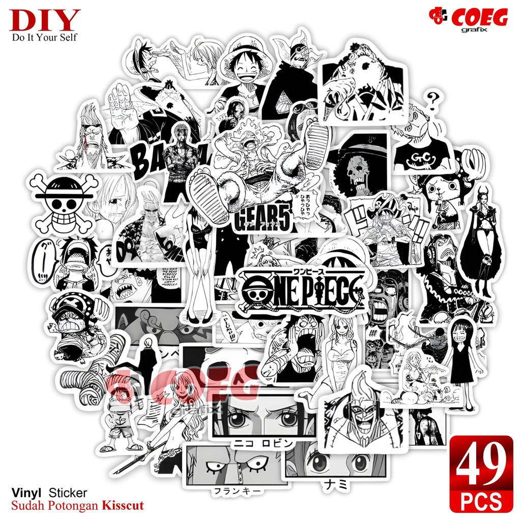 

49PCS One Piece Stickers Hitam Putih CG115 DIY Anti Air untuk Helm, Scrapbooking, Laptop, Kulkas, Phone, Sepeda Motor Graffiti Decal Packs