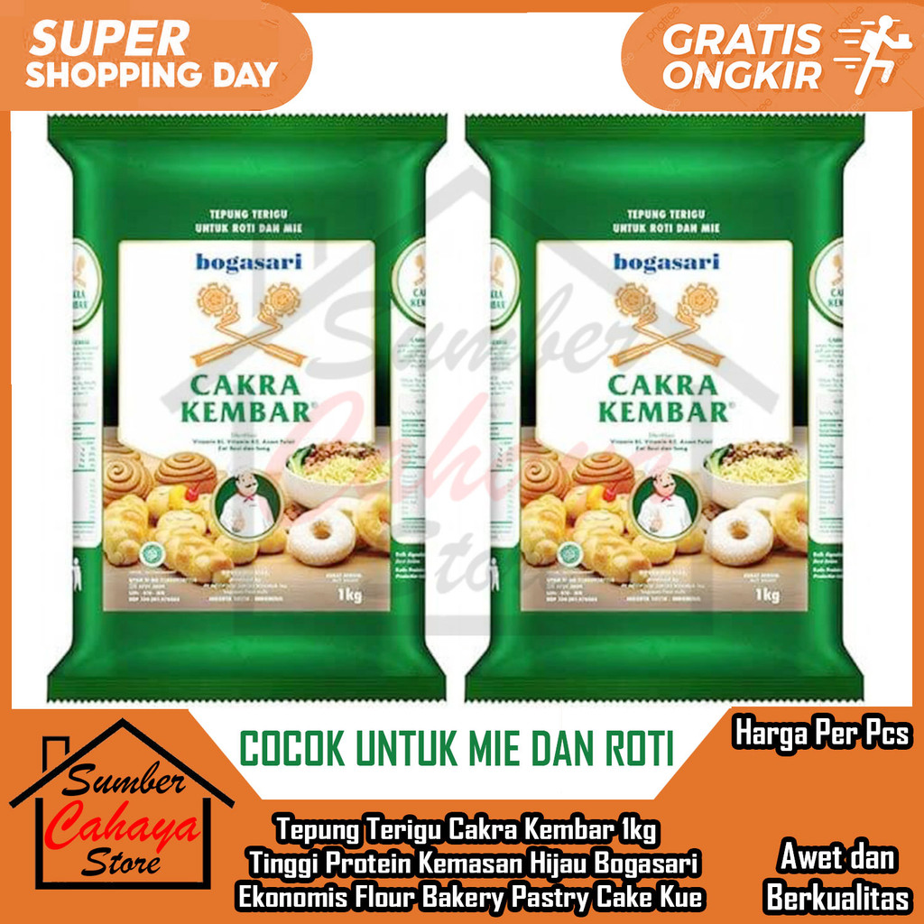 

Cakra Kembar 1kg Tepung Terigu Ekonomis Premium Kemasan Bogasari Hijau Praktis Bungkusan 1 Kilo Kiloan Adonan Flour Bakery Pastry Cake Kue Bolu Donat Tinggi Protein Makanan Roti Tawar Bolu Kukus Nastar Martabak DES Manis Mie