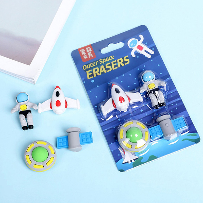 

Random 4 Pcs Outer Space Eraser Set Non-PVC Mini Rocket Astronaut Alien Rubber Erasers for Pencil Kids Gift School Student