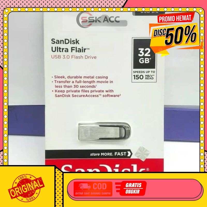 FLASHDISK SANDISK 32GB ORIGINAL 100% ULTRA FLAIR USB 3.0  SPEED 150MBPS GROSIR KOM
